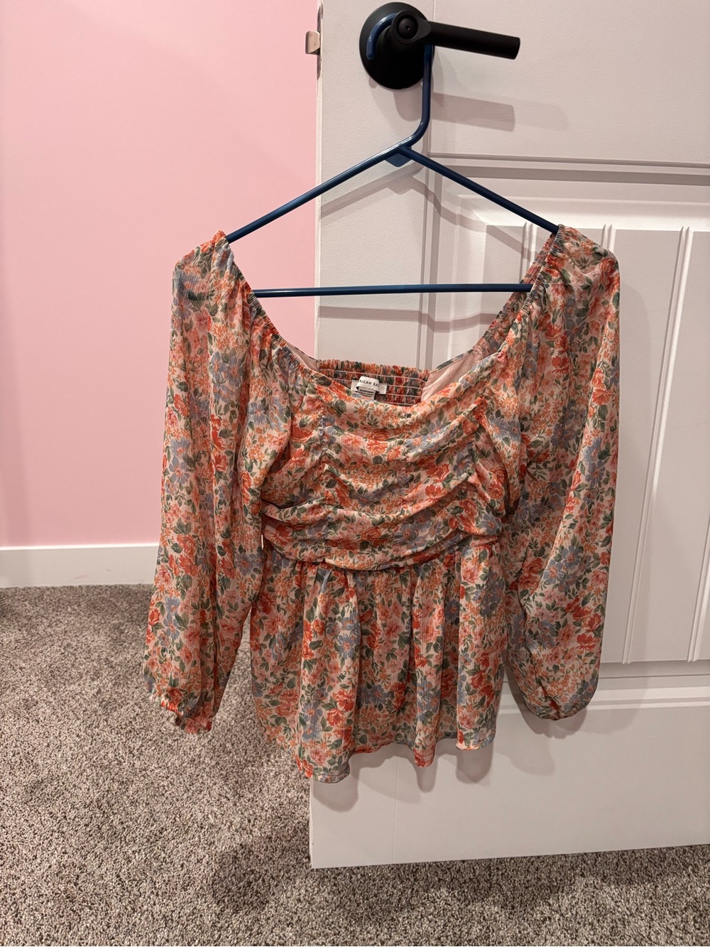 American Eagle Floral Peasant Blouse with Ruched Bodice - Coral Multi